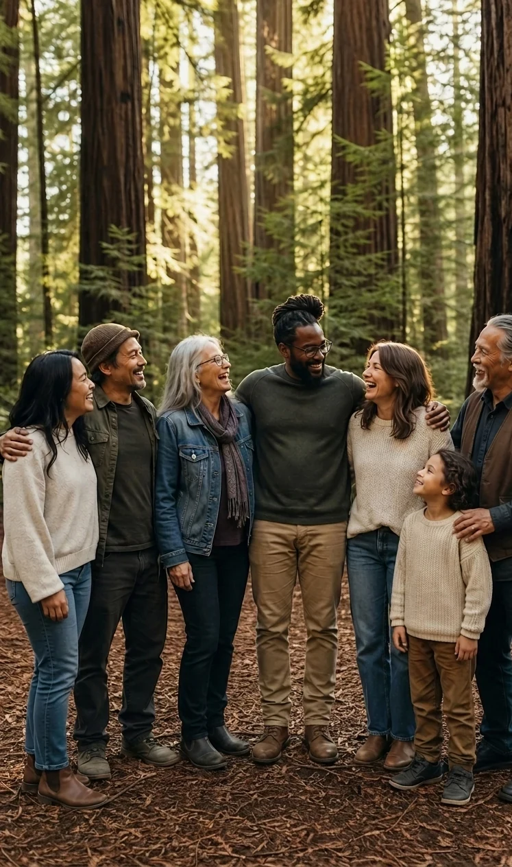 A warm, diverse group of people, centered together in a redwood forest clearing, laughing in community with one hand on a neighbor's shoulder
